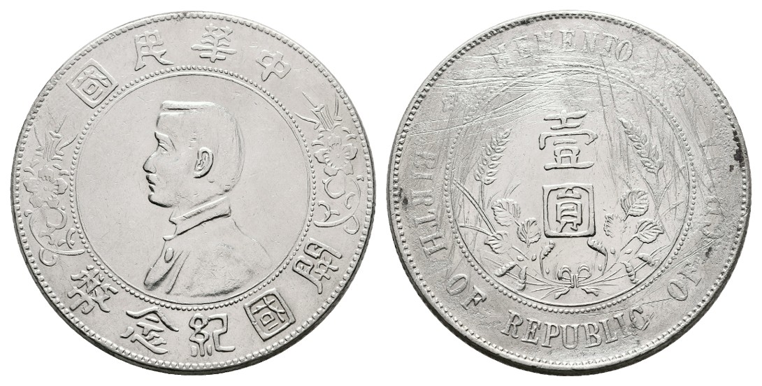  Linnartz China Sun Yat-Sen Dollar o.J. (1927) a.d.Gründung der Republik 1912 Rs.verkratzt ss-vz   