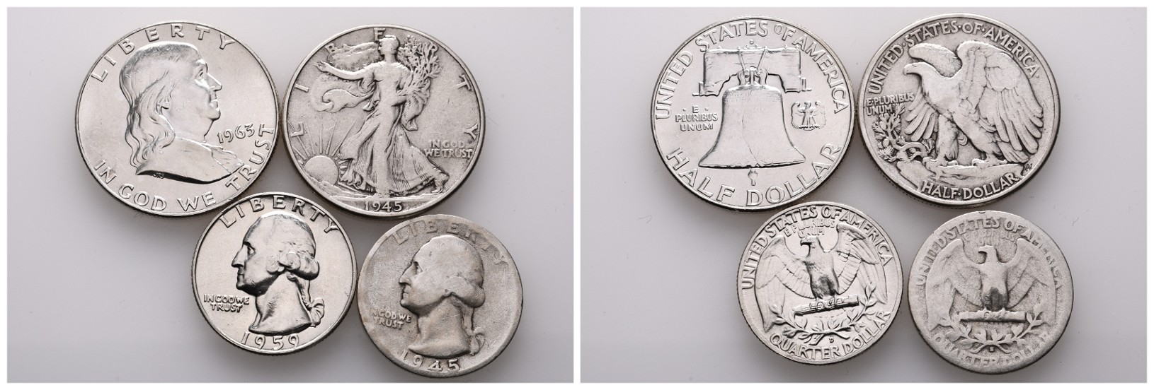  Linnartz USA Half Dollar 1963 D + Half Dollar 1945 + Quarter Dollar 1945 S + Quarter Dollar 1959 D   