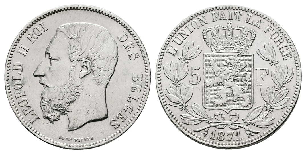  Linnartz Belgien Leopold II. 5 Francs 1871 ss-vz   