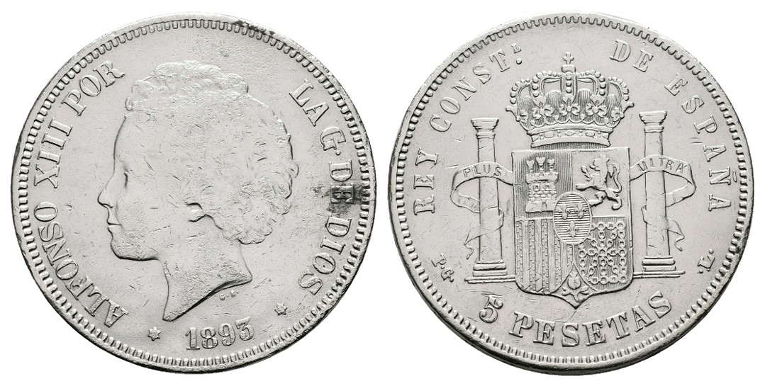  Linnartz Spanien Alfonso XIII. 5 Pesetas 1893 ss+   