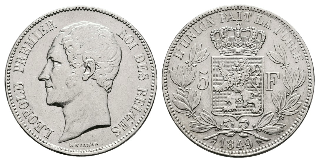  Linnartz Belgien Leopold I. 5 Francs 1849 ss+   