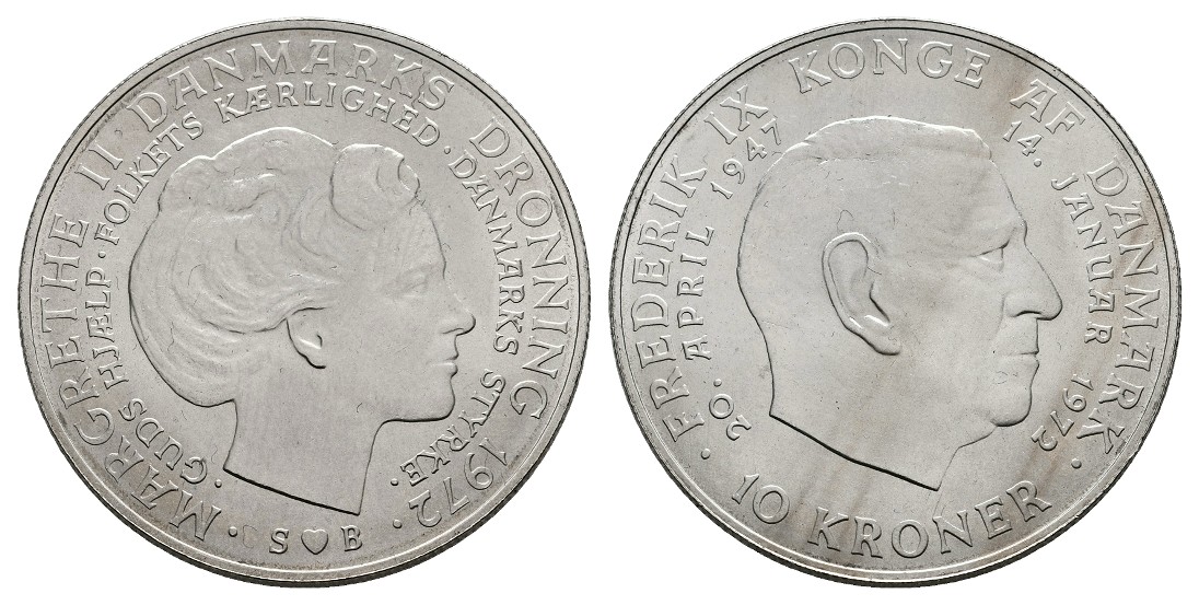  Linnartz Dänemark Frederik IX. 10 Kroner 1972 vz+ Gewicht: 20,44g/800er   