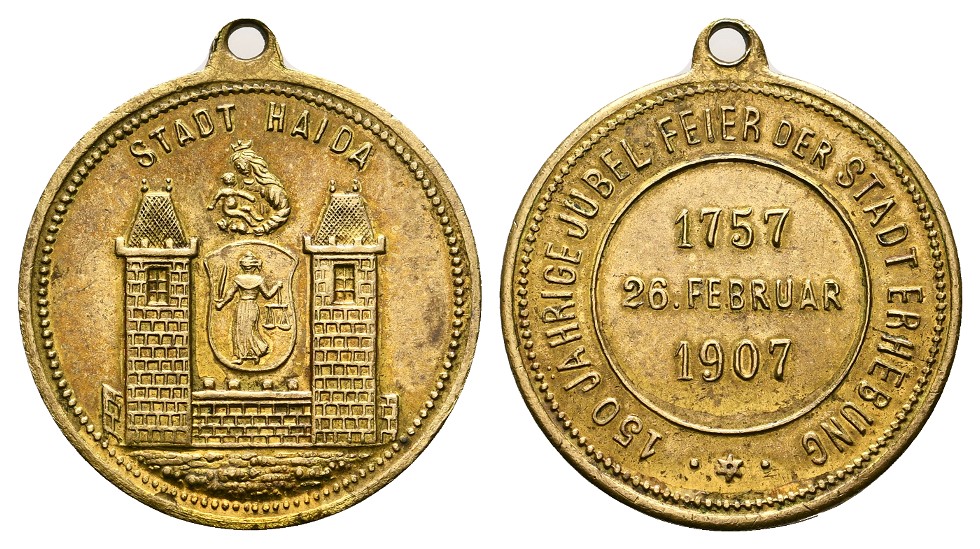  Linnartz Böhmen Haida tragbare Messingmedaille 1907 a.d. 150 Jahre Stadterhebung vz Gewicht: 8,1g   