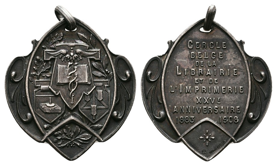  Linnartz Jugendstil Belgien tragbare Silbermedaille 1908 (P.Fisch) 25 Jahrfeier vz+ Gewicht: 10,2g   