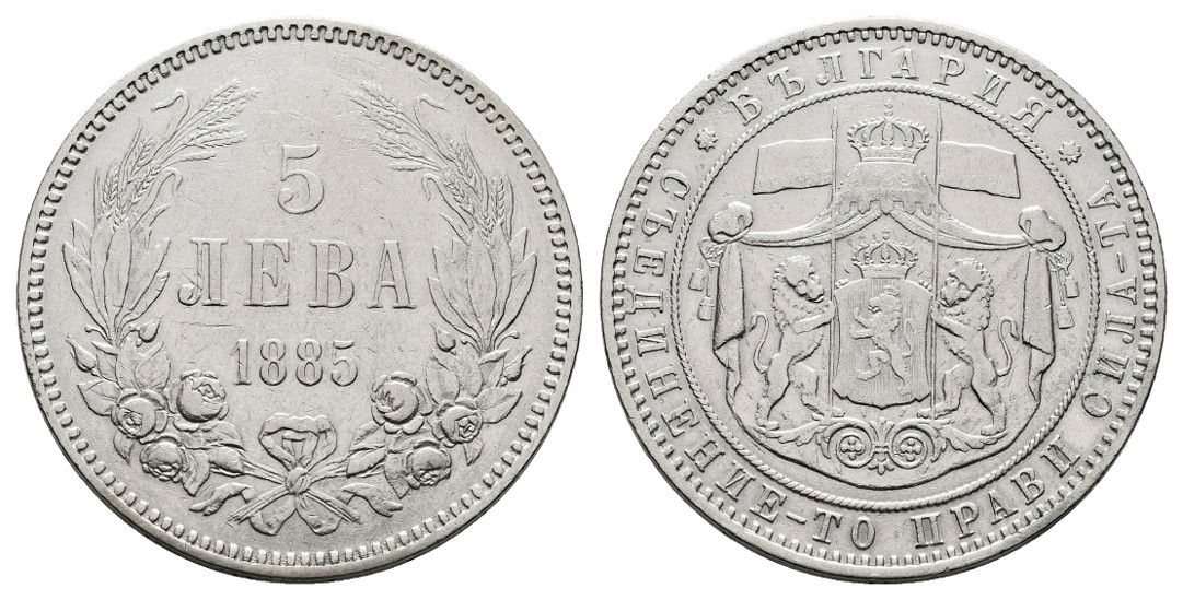  Linnartz Bulgarien Alexander I. 5 Lewa 1885 ss+ Gewicht: 25,0g/900er   