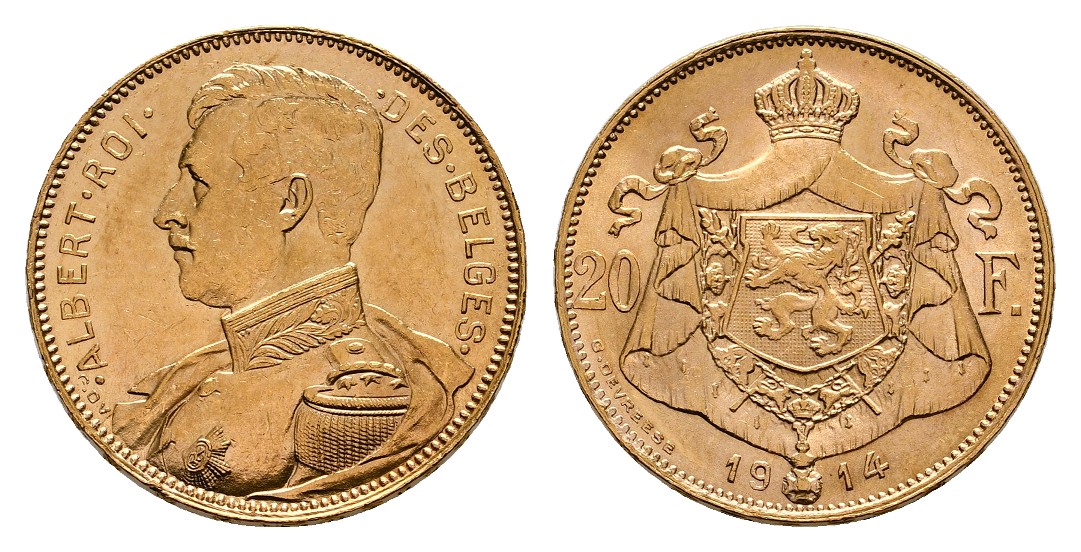  Linnartz Belgien Albert 20 Francs 1914 vz-stgl Gewicht: 6,45g/900er   