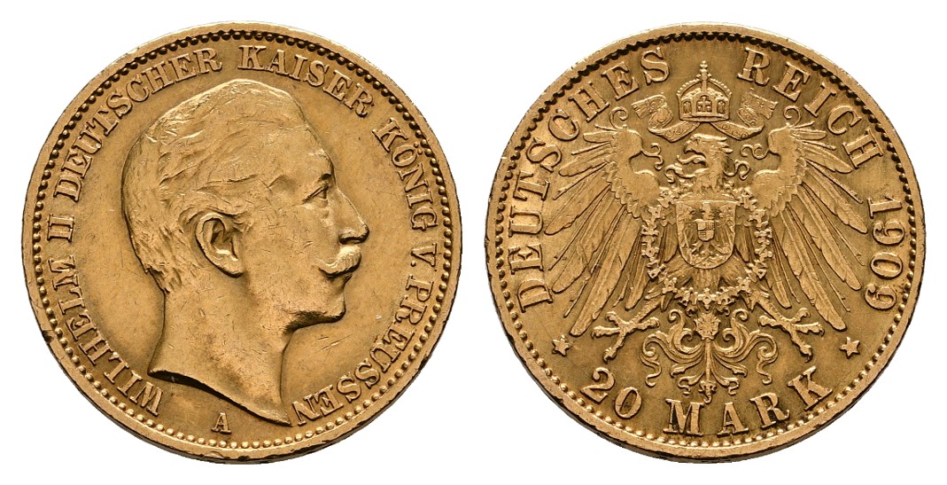  Linnartz Preussen Wilhelm II. 20 Mark 1909 A ss-vz Gewicht: 7,97g/900er   
