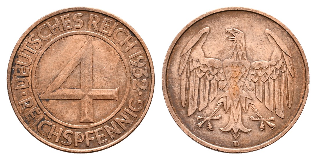  Linnartz Weimarer Republik 4 Reichspfennig 1932 D Brüning-Taler vz   