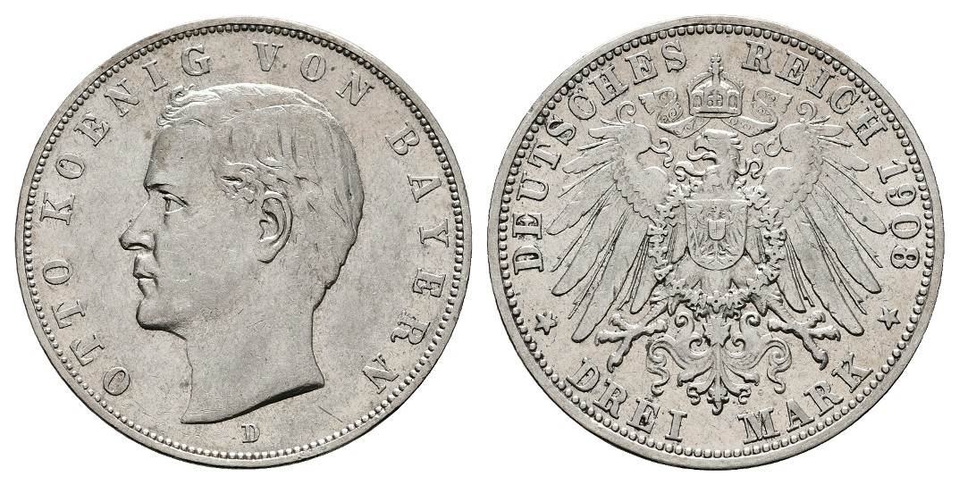  Linnartz KAISERREICH Bayern Otto 3 Mark 1908 D ss-vz   