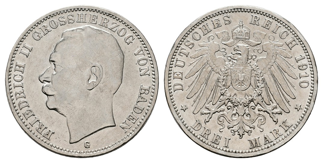  Linnartz KAISERREICH Baden Friedrich II. 3 Mark 1910 ss+   