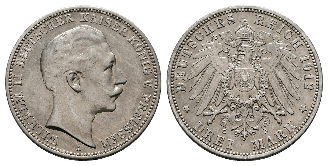  Linnartz KAISERREICH Preussen Wilhelm II. 3 Mark 1912 A f.vz   