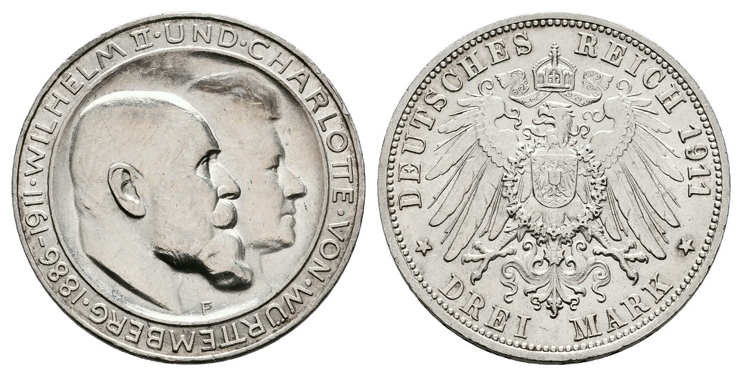  Linnartz KAISERREICH Württemberg Wilhelm II. 3 Mark 1911 F Silberhochzeit fstgl   