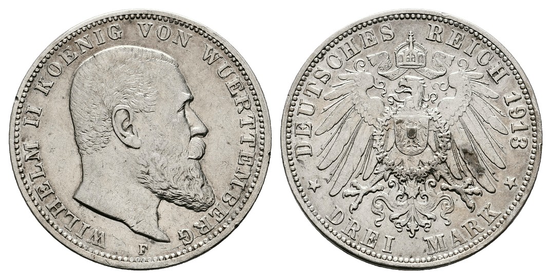 Linnartz KAISERREICH Württemberg Wilhelm II. 3 Mark 1913 F ss+   