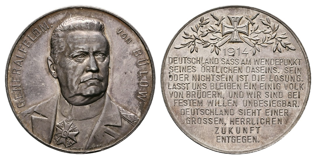  Linnartz 1. Weltkrieg Silbermedaille 1914 (Lauer) Karl von Bülow PP Gewicht: 18,0g/990er   
