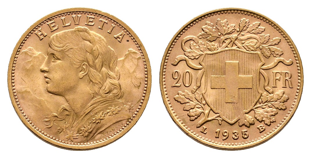  Linnartz Schweiz 20 Franken 1935 B Helvetia fstgl Gewicht: 6,45g/900er   