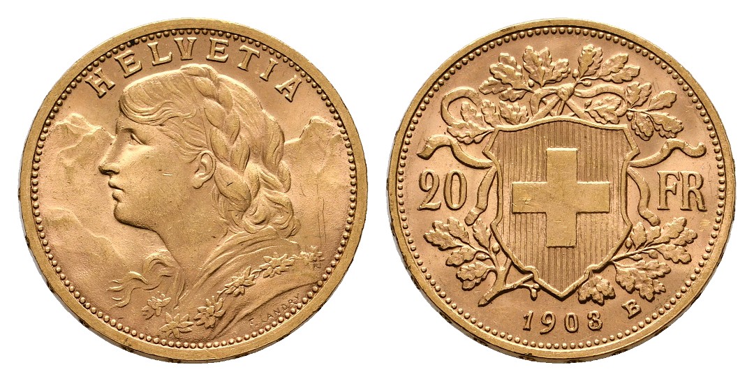  Linnartz Schweiz 20 Franken 1903 B Helvetia fstgl Gewicht: 6,45g/900er   