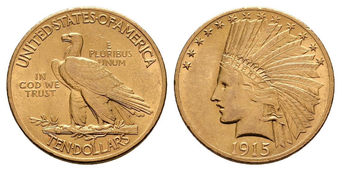  Linnartz USA 10 Dollars 1915 Philadelphia Indianerkopf vz Gewicht: 16,72g/900er   
