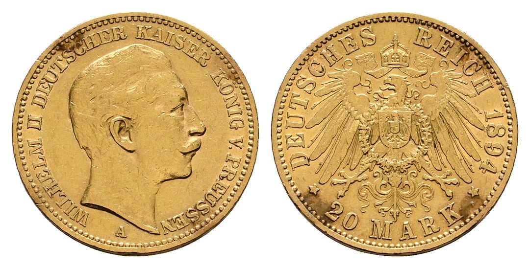  Linnartz Preussen Wilhelm II. 20 Mark 1894 A ss-vz Gewicht: 7,97g/900er   