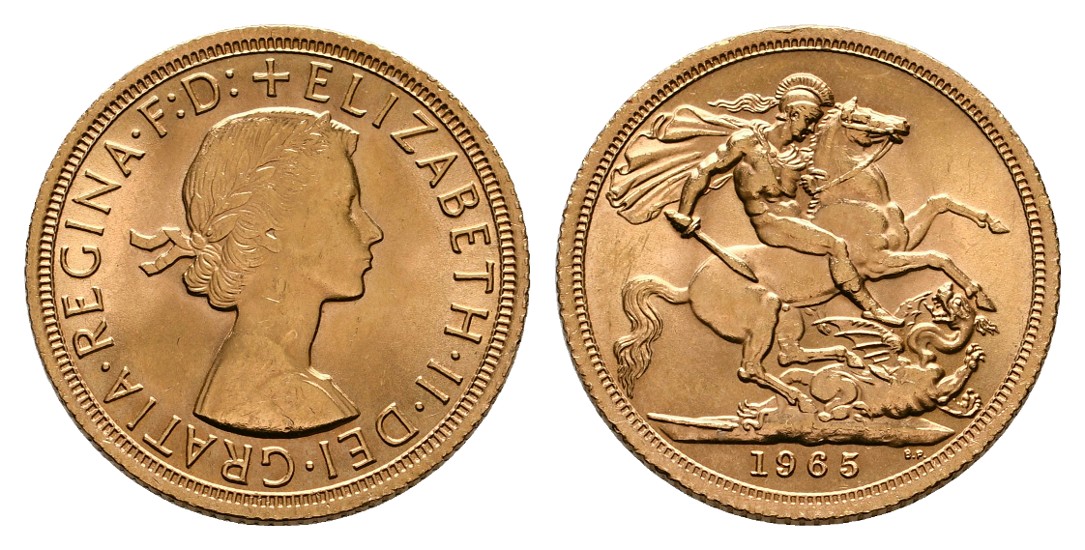  Linnartz Großbritannien Elizabeth II. 1 Sovereign 1965 f.stgl, Gewicht: 7,99g/917er   