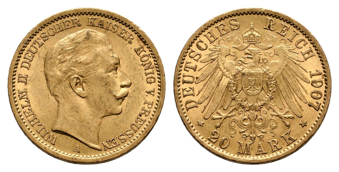  Linnartz Preussen Wilhelm II. 20 Mark 1907 A ss-vz Gewicht: 7,99g/900er   