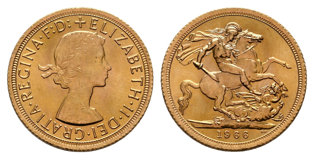  Linnartz Großbritannien Elizabeth II. 1 Sovereign 1966 f.stgl, Gewicht: 8,00g/917er   