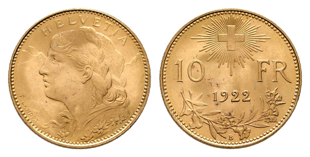  Linnartz Schweiz 10 Franken 1922 Helvetia f.stgl Gewicht: 3,24g/900er   