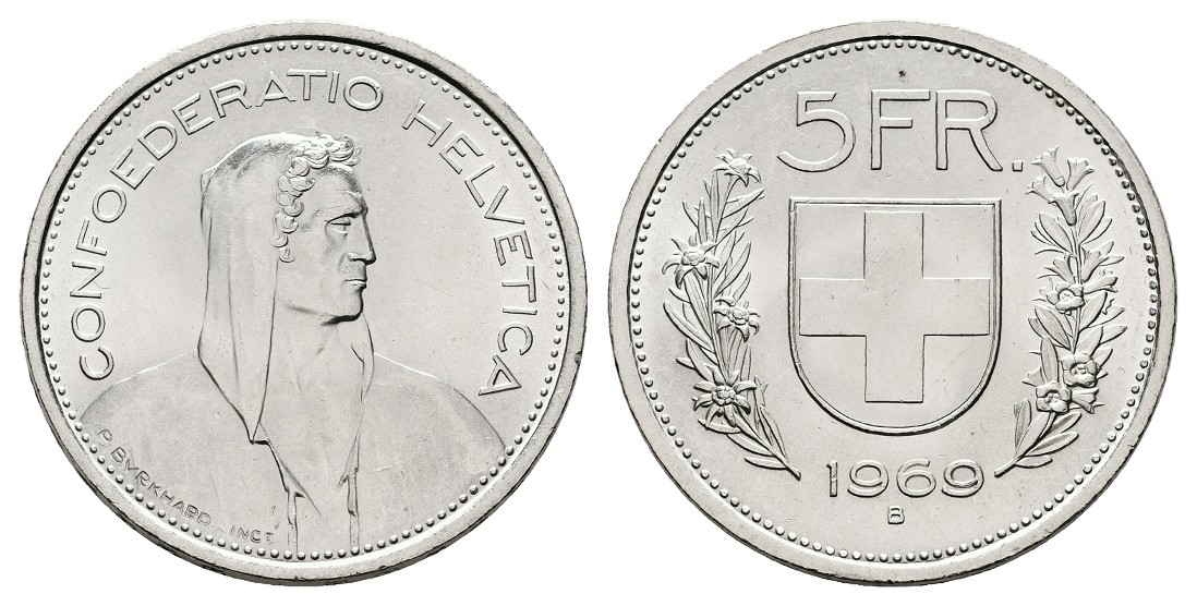  Linnartz Schweiz 5 Franken 1969 B vz-stgl Gewicht: 15,0g/835er   