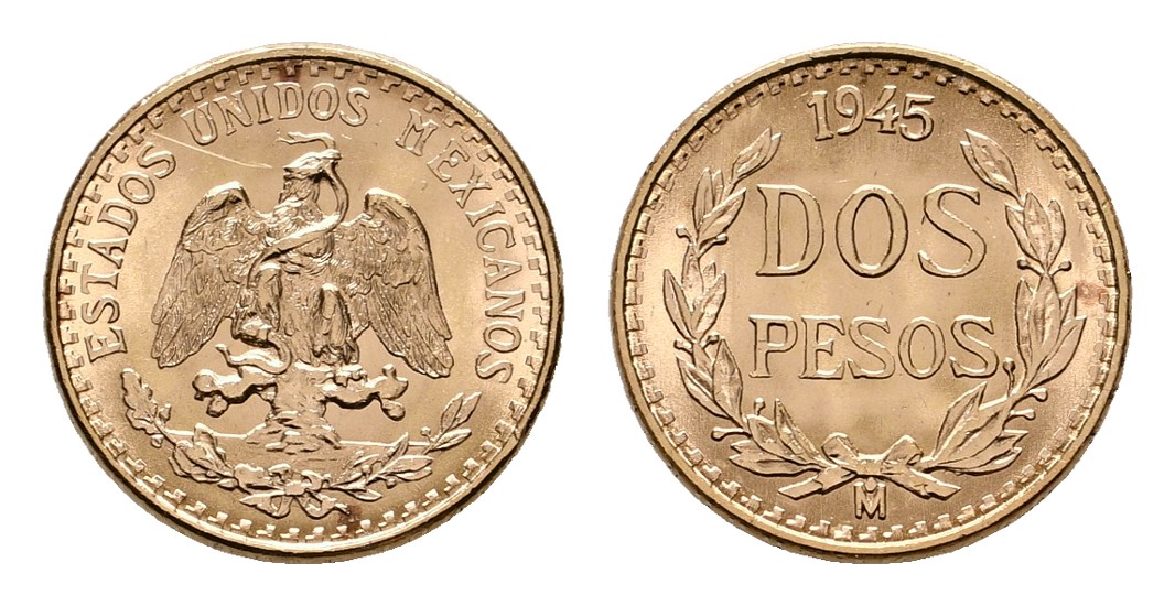  Linnartz Mexiko 2 Pesos 1945 stgl Gewicht: 1,67g/900er   