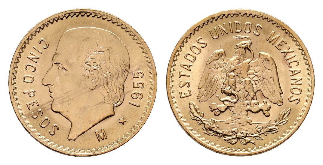 Linnartz Mexiko 5 Pesos 1955 f.stgl Gewicht: 4,17g/900er   