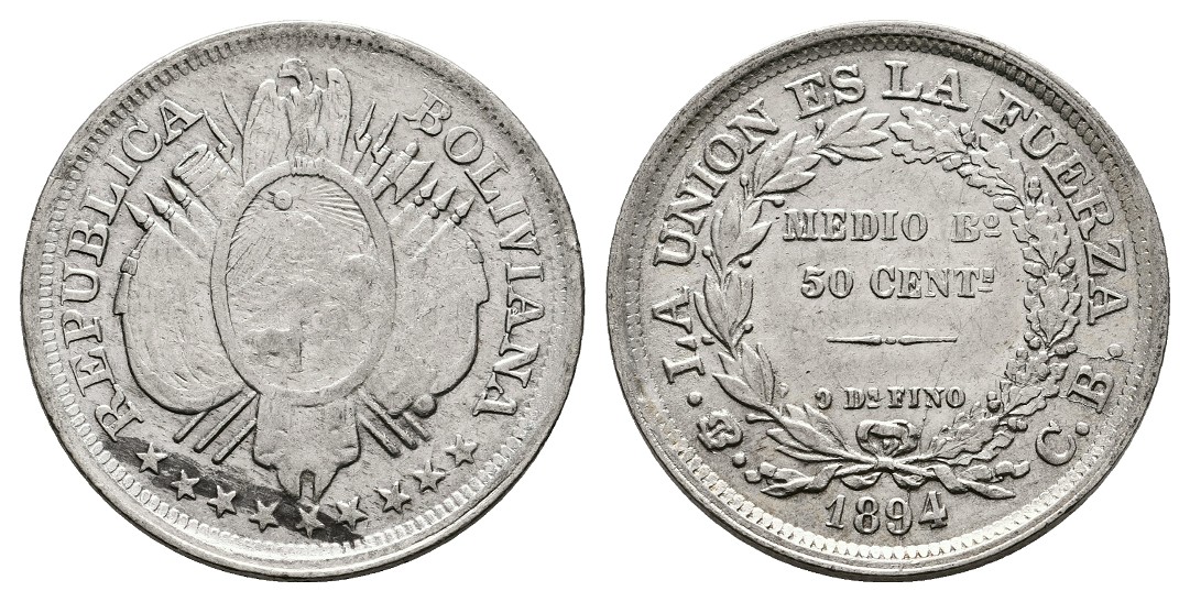  Linnartz Bolivien 1/2 Boliviano/50 Centavos 1894 CB ss+ Gewicht: 12,5g/900er   