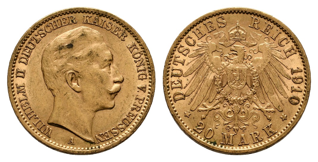  Linnartz Preussen Wilhelm II. 20 Mark 1910 A vz Gewicht: 7,97g/900er   