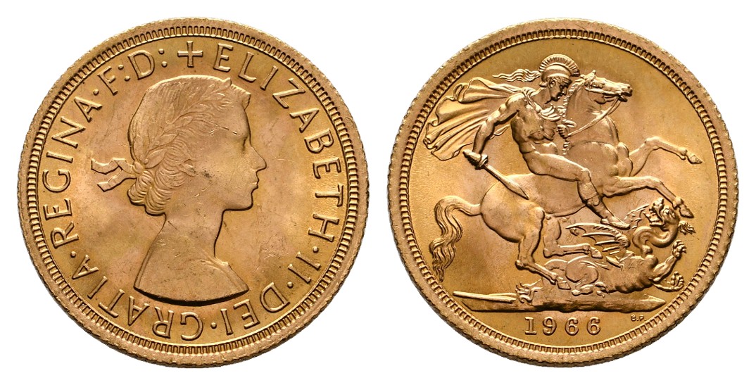  Linnartz Großbritannien Elizabeth II. 1 Sovereign 1966 vz-stgl Gewicht: 7,99g/917er   