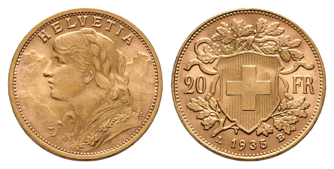  Linnartz Schweiz 20 Franken 1935 B Helvetia vz-stgl Gewicht: 6,45g/900er   