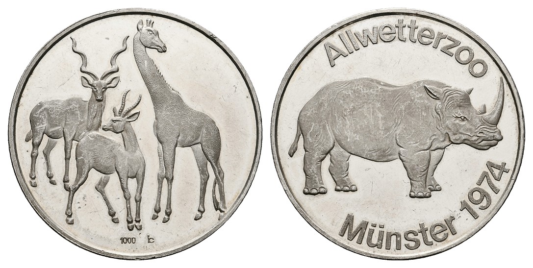  Linnartz Münster Allwetterzoo Silbermedaille 1974 Nashorn Antilope Giraffe PP- Gewicht:15,0g/1.000er   