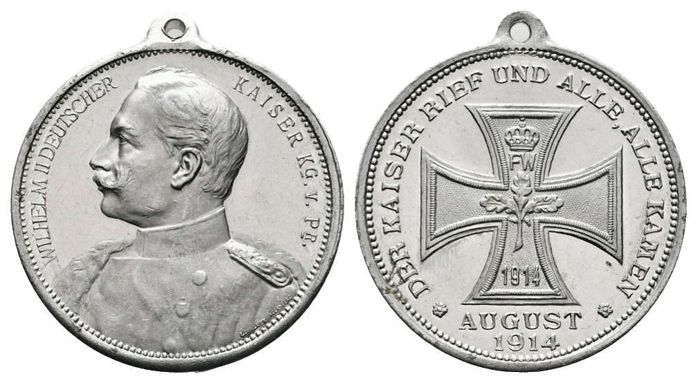  Linnartz 1. Weltkrieg Weißmetallmedaille 1914 a.d. Kriegsbeginn vz-stgl Gewicht: 5,9g   