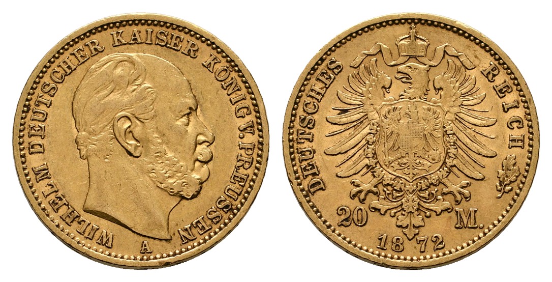  Linnartz Preussen Wilhelm I. 20 Mark 1872 A ss-vz Gewicht: 7,97g/900er   