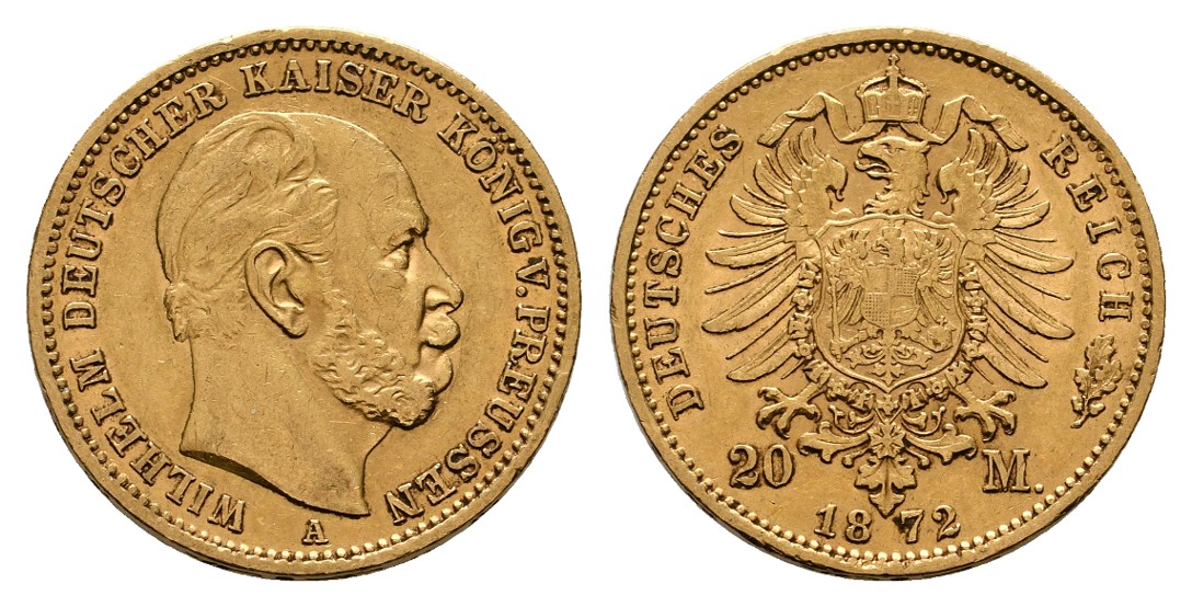  Linnartz Preussen Wilhelm I. 20 Mark 1872 A vz Gewicht: 7,97g/900er   