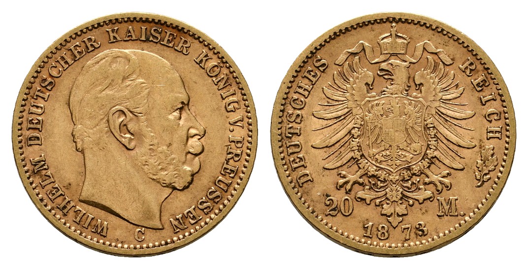  Linnartz Preussen Wilhelm I. 20 Mark 1873 C ss-vz Gewicht: 7,97g/900er   