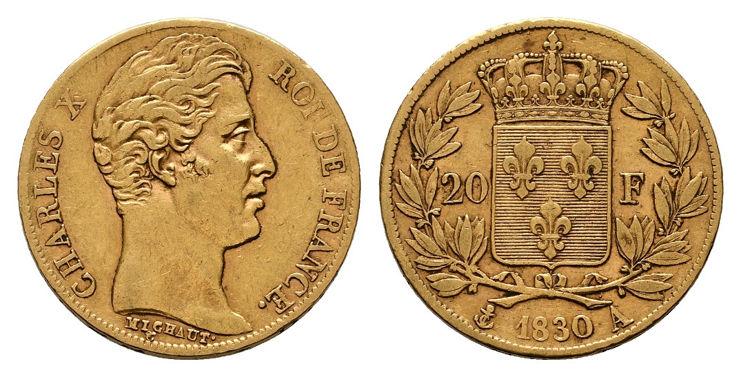  Linnartz Frankreich Charles X. 20 Francs 1830 A Paris ss+ Gewicht: 6,45g/900er   