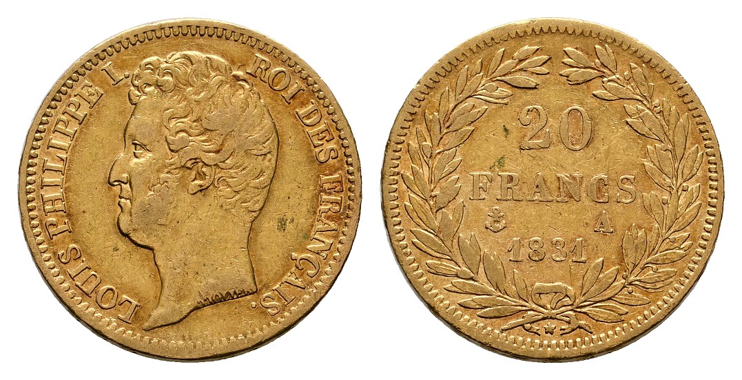  Linnartz Frankreich Louis Philippe I. 20 Francs 1831 A ss Gewicht: 6,45g/900er   