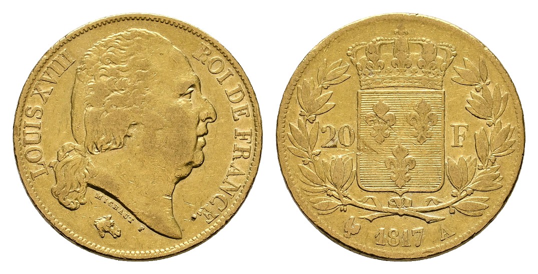  Linnartz Frankreich Louis XVIII. 20 Francs 1817 A ss Gewicht: 6,45g/900er   