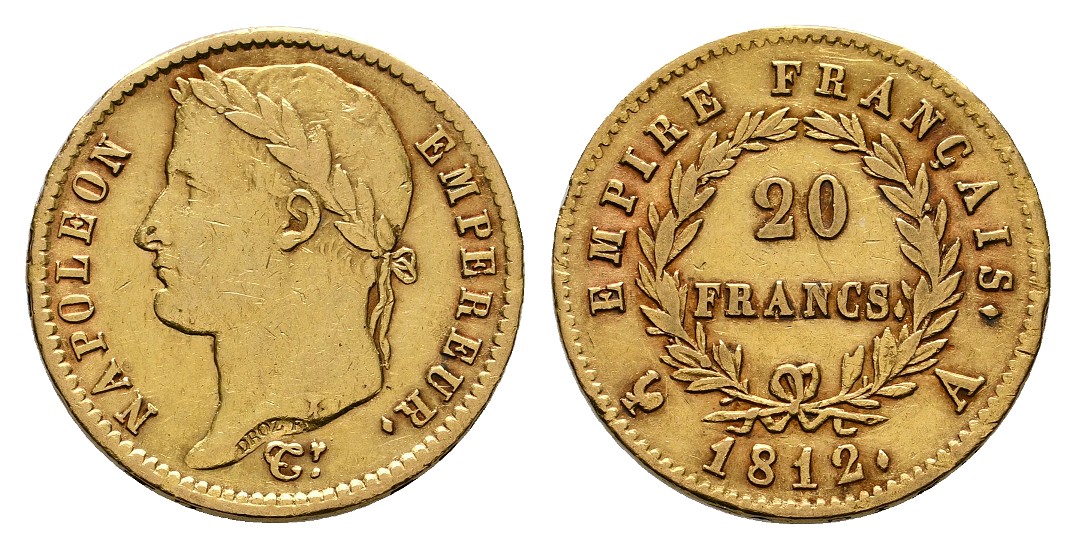  Linnartz Frankreich Napoleon I. 20 Francs 1812 A ss+ Gewicht: 6,45g/900er   