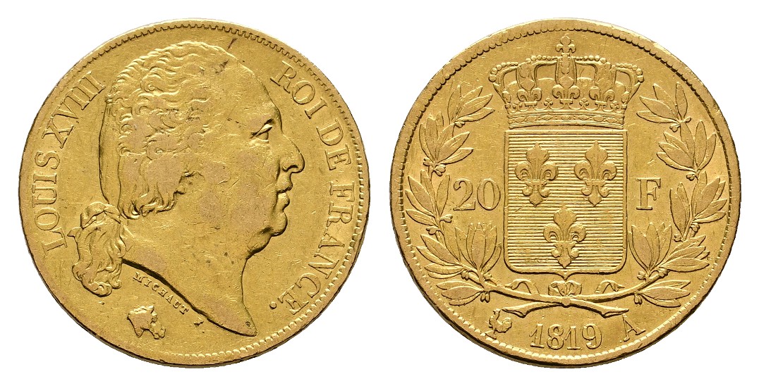  Linnartz Frankreich Louis XVIII. 20 Francs 1819 A ss+ Gewicht: 6,45g/900er   