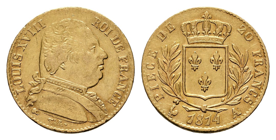 Linnartz Frankreich Louis XVIII. 20 Francs 1814 A fvz/vz Gewicht: 6,45g/900er   