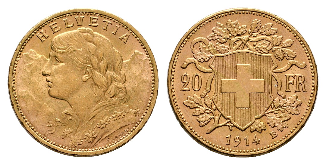  Linnartz Schweiz 20 Franken 1914 B Helvetia fstgl Gewicht: 6,45g/900er   