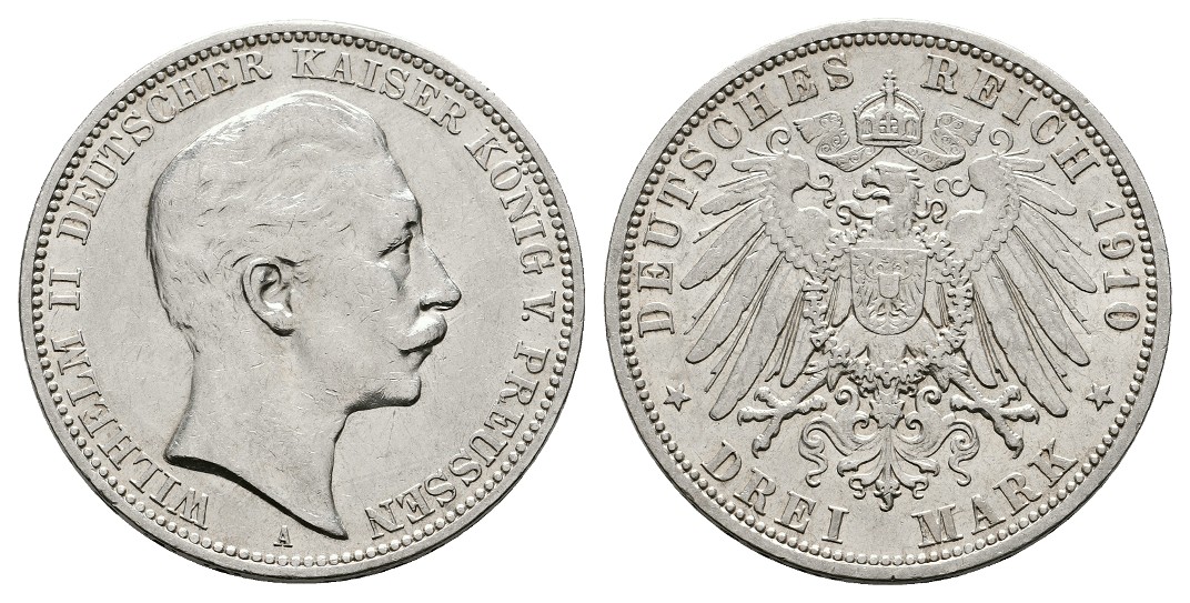  Linnartz KAISERREICH Preussen Wilhelm II. 3 Mark 1910 A fvz/vz   