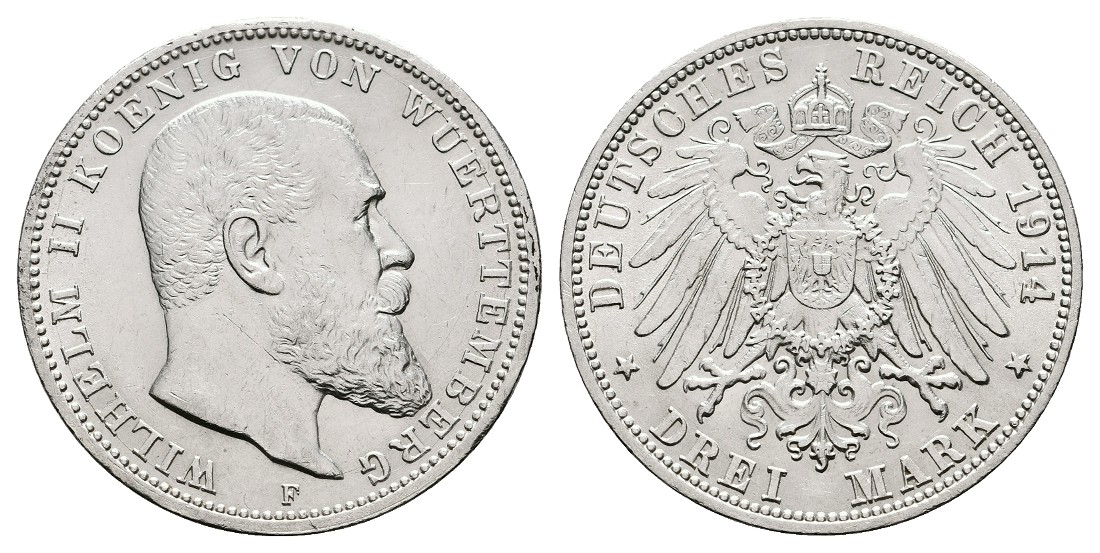  Linnartz KAISERREICH Württemberg Wilhelm II. 3 Mark 1914 F vz   