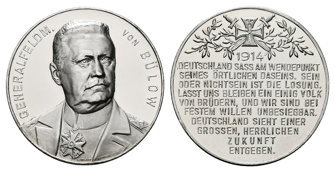  Linnartz 1. Weltkrieg Silbermedaille 1914 (Lauer) Karl von Bülow kl.Rdf. PP- Gewicht: 18,0g/990er   