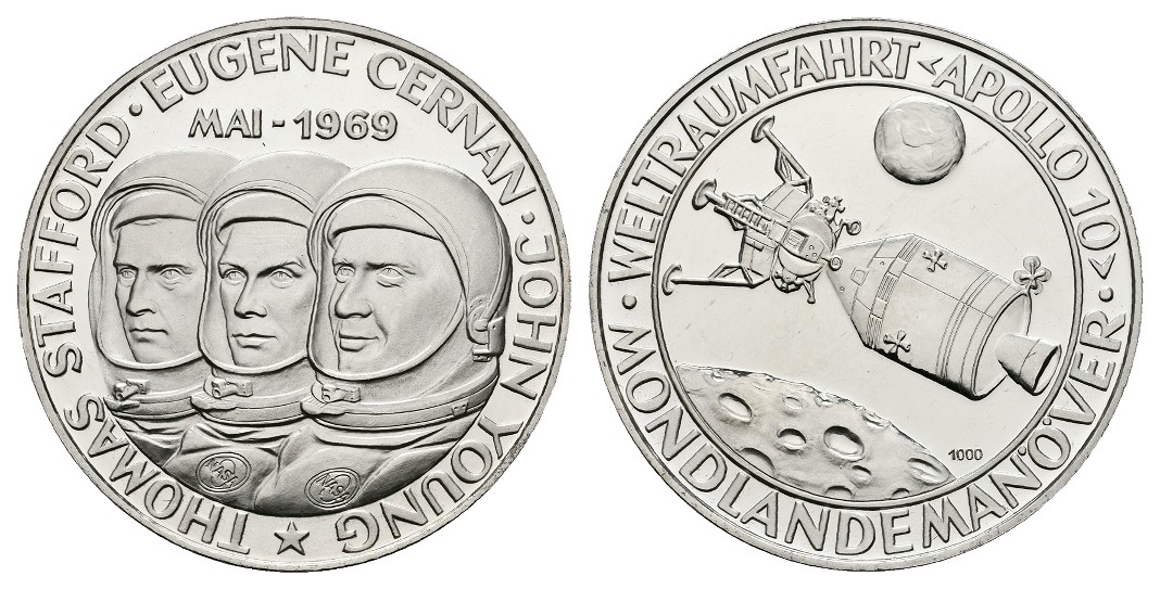  Linnartz Raumfahrt Silbermedaille 1969 Apollo 10 Mondlandung PP Gewicht: 24,7g/1.000er   
