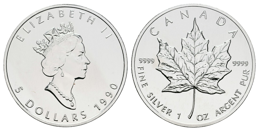  Linnartz Kanada Elizabeth II. 5 Dollar 1990 Maple Leaf Feinunze Silber stgl   